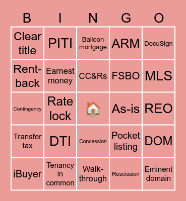 Homes Lingo Bingo Card