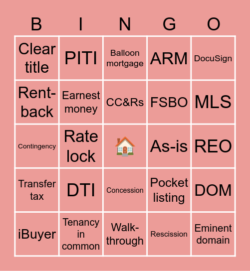 Homes Lingo Bingo Card