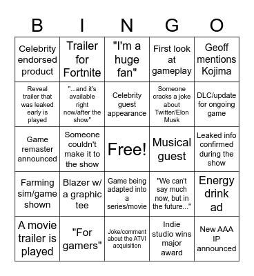 The Game Awards 2022 Bingo Card