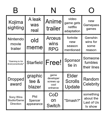 Game Award 2022 Bingo Card