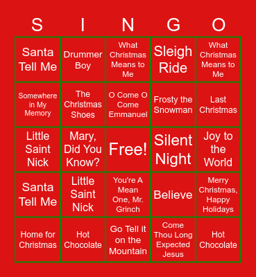 Christmas SINGO Bingo Card