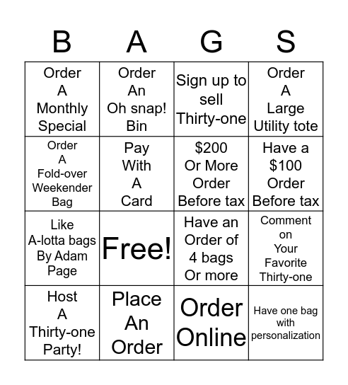 Thirthy-one  Fackbook Bingo Card