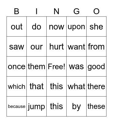 Sight Words Bingo Card