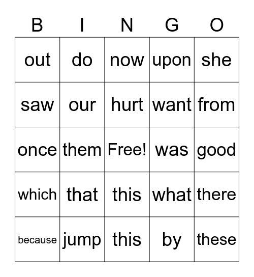 Sight Words Bingo Card
