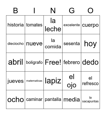 Spanish bingo Card