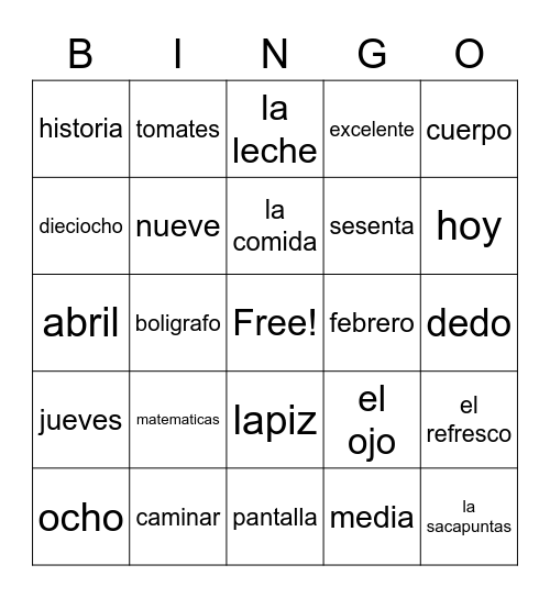 Spanish bingo Card
