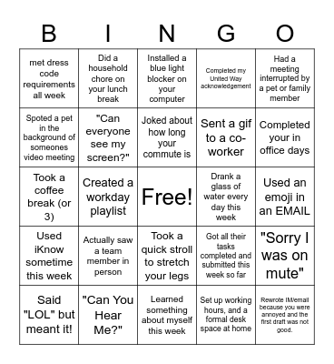 Remote Work Bingo Card