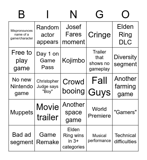 Game Awards Bingo Card