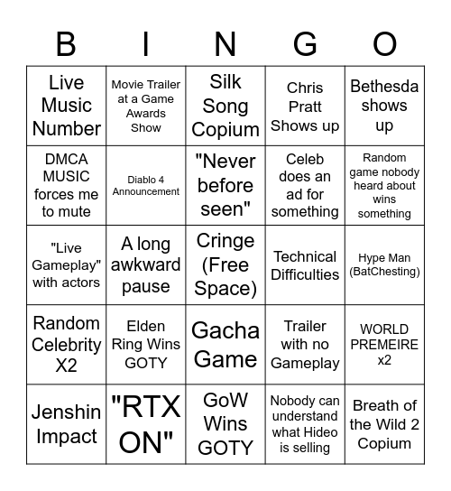The Cringe Awards 2022 Bingo Card