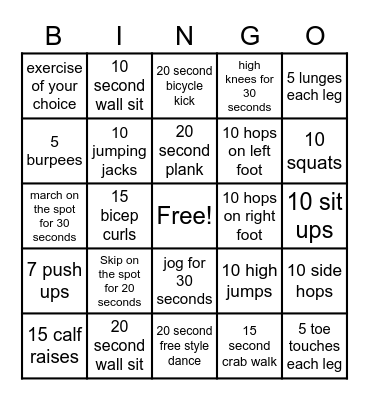Fitness Bingo! Bingo Card
