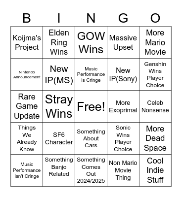 Game Awards Bingo Card