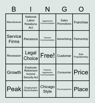Business Principles Fall Exam Review Bingo Card