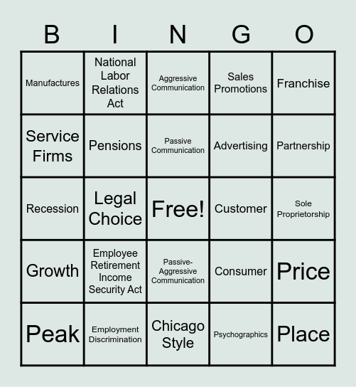 Business Principles Fall Exam Review Bingo Card