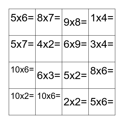 Multiplication Practice Bingo Card