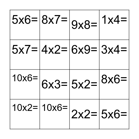 Multiplication Practice Bingo Card