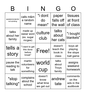 english bingo Card