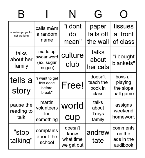 english bingo Card