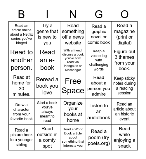 Independent Reading Bingo Card