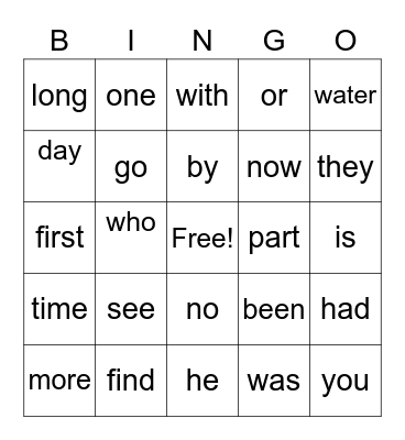 FRY WORD BINGO Card