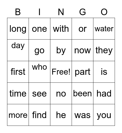 FRY WORD BINGO Card