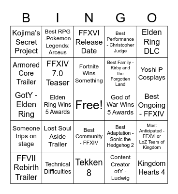 2022 Game Awards Bingo Card