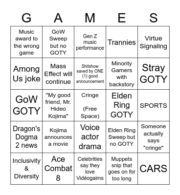 VGA 2022 CRINGEFEST SUPREME Bingo Card