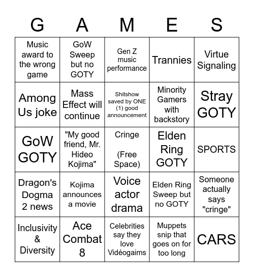 VGA 2022 CRINGEFEST SUPREME Bingo Card