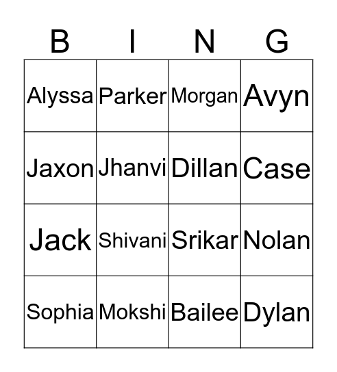 Mrs. May's  Name Bingo Card