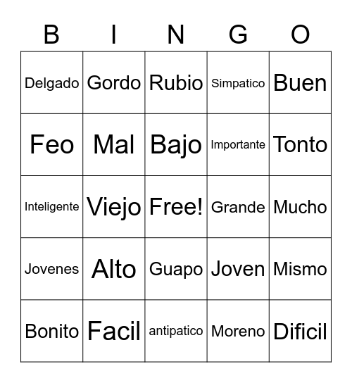 Spanish Bingo Card