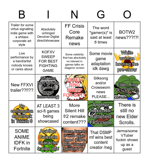 Game Awards 2022 Bingo Card