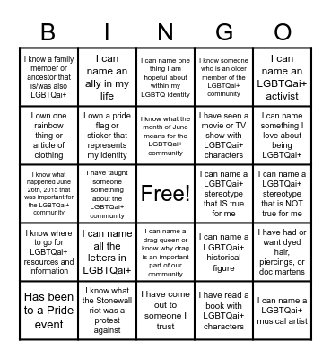 LGBTQai+ Bingo! Bingo Card