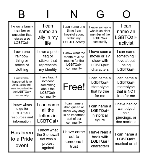 LGBTQai+ Bingo! Bingo Card
