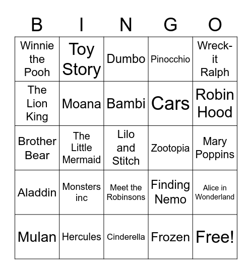 Disney Movie Night Bingo Card