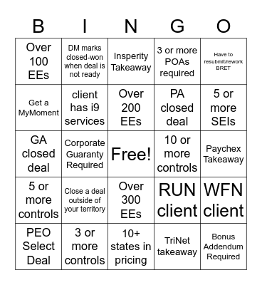 Deal Velocity Bingo Card