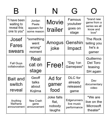 Game Awards 2022 Bingo Card