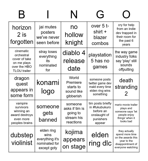 2022 TGA Bingo Card