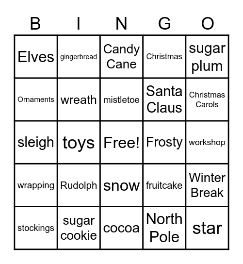 Christmas Vocabulary Bingo Card