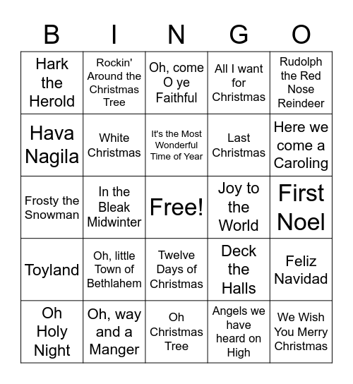 Holiday Musical Bingo Card