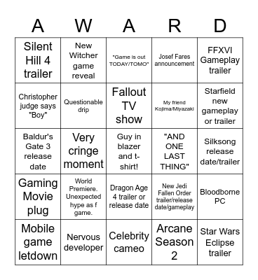 Game Awards 2022 Bingo Card