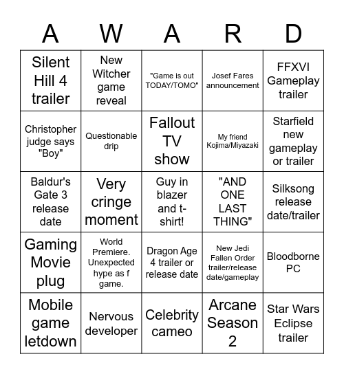 Game Awards 2022 Bingo Card
