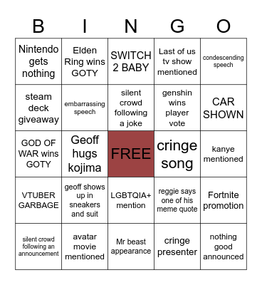 game awards 2022 Bingo Card