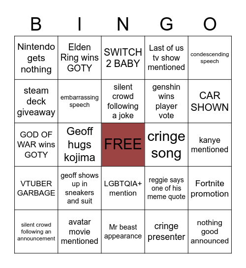 game awards 2022 Bingo Card