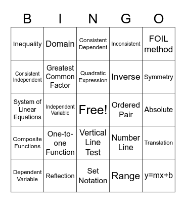 ALGEBRA 2 VOCABULARY Bingo Card