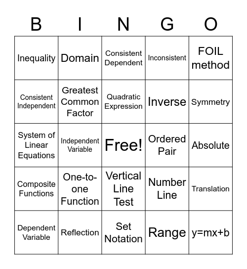 ALGEBRA 2 VOCABULARY Bingo Card