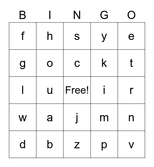 Kindergarten Letters Bingo Card