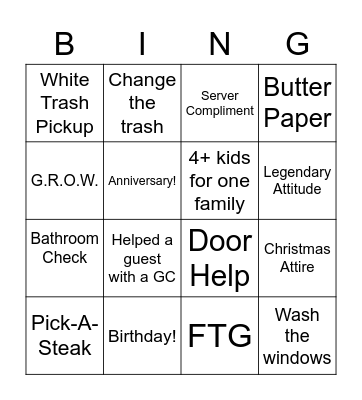 Host Stand Bingo Card