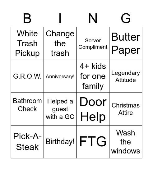 Host Stand Bingo Card