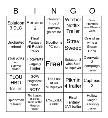 The Game Awards 2022 Bingo Card