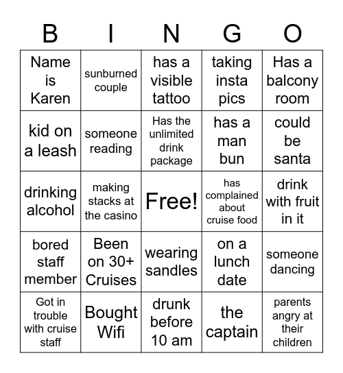 Booze Cruise Bingo Card