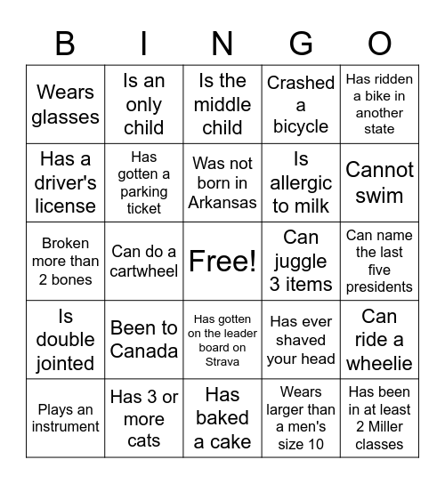 Bike Team Bingo Card